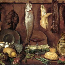  Dispensa con pesce, carne, uova sode e fiasca di vino, Jacopo Chimenti (dettaglio)