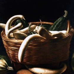 Cesta con zucche verdi e zucche bianche trombetta, pittore caravaggesco