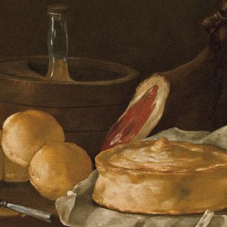 Pani, prosciutto, casatiello e ghiacciata sul tavolo, Giuseppe Recco (dettaglio)