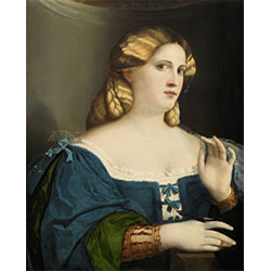 Ritratto di giovane donna in abito blu con ventaglio